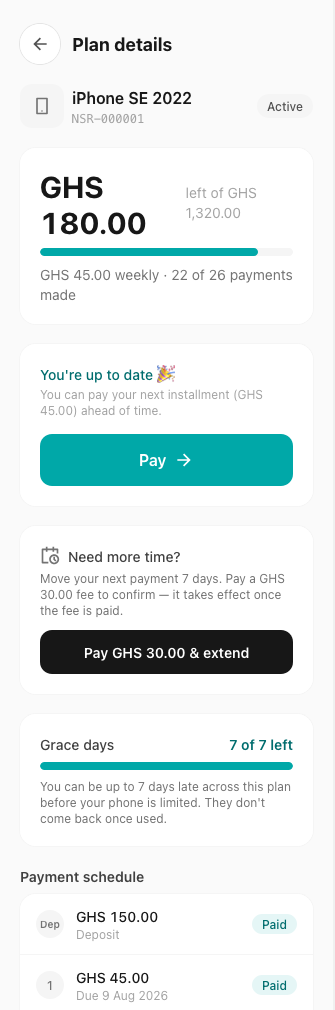 The Nsromapa app showing the payment schedule and Pay button