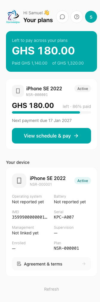 The Nsromapa app showing a customer's plan and balance